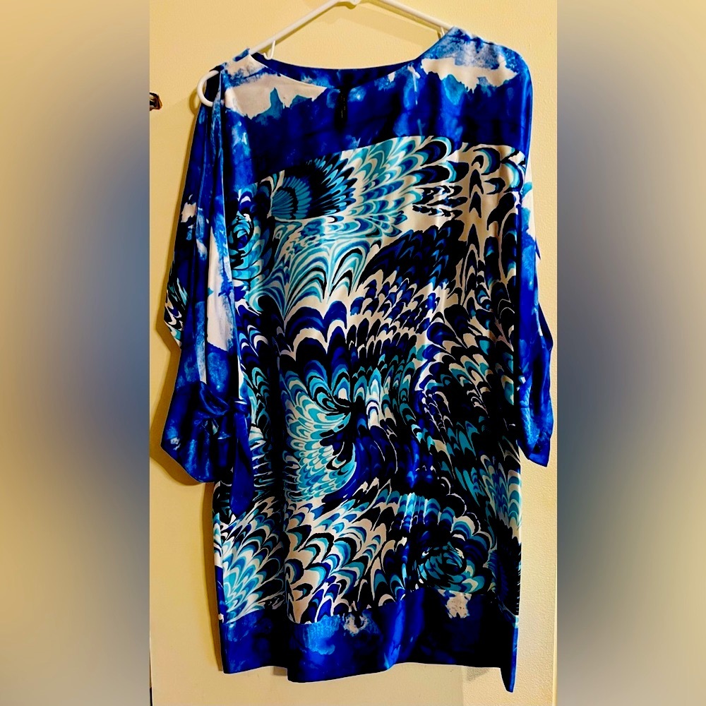 100% Blue White Silk Dress Laundry by Shelli Sega Long Slit Sleeves Smal